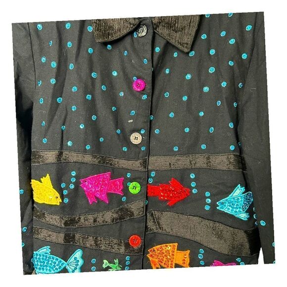 PATCHINGTON Black Blazer Pink Blue Orange Embroidered Sequence Fish Womens M - Picture 3 of 6